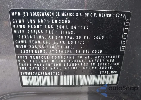 2023 Volkswagen Tiguan 2.0T Se z USA, uszkodzony, nr VIN 3VVMB7AX2PM037821